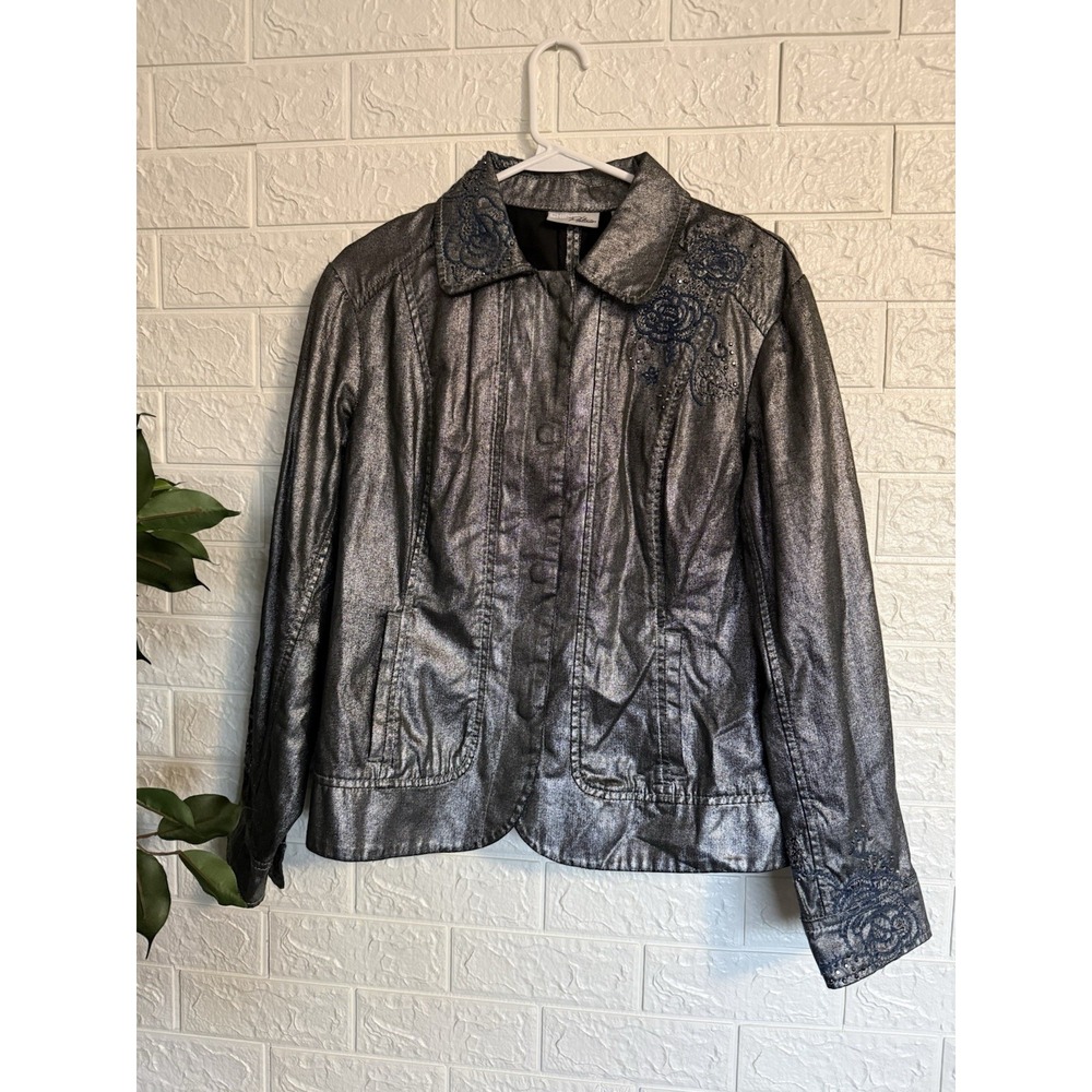 Chico's Platinum Denim Jacket Metallic Blue Floral Embroidered Snap Front Size 2